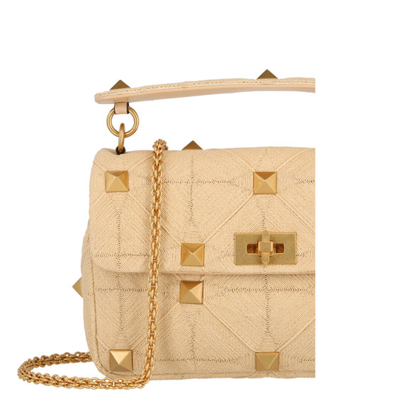 Valentino Medium Roman Stud Raffia Shoulder Bag White Womens - Picture 3 of 4